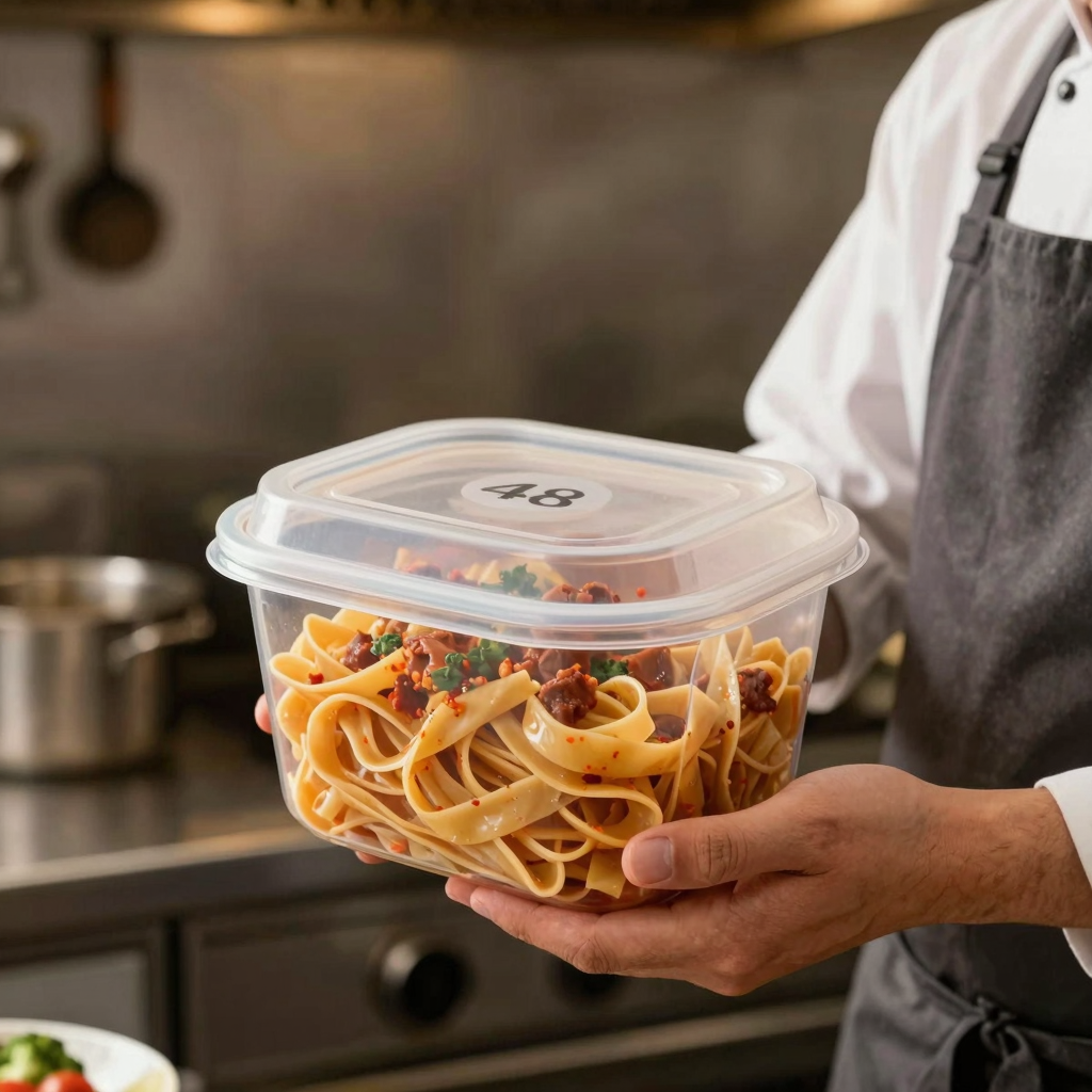 Chef holding a 48 oz disposable food container with secure lid in a commercial kitchen