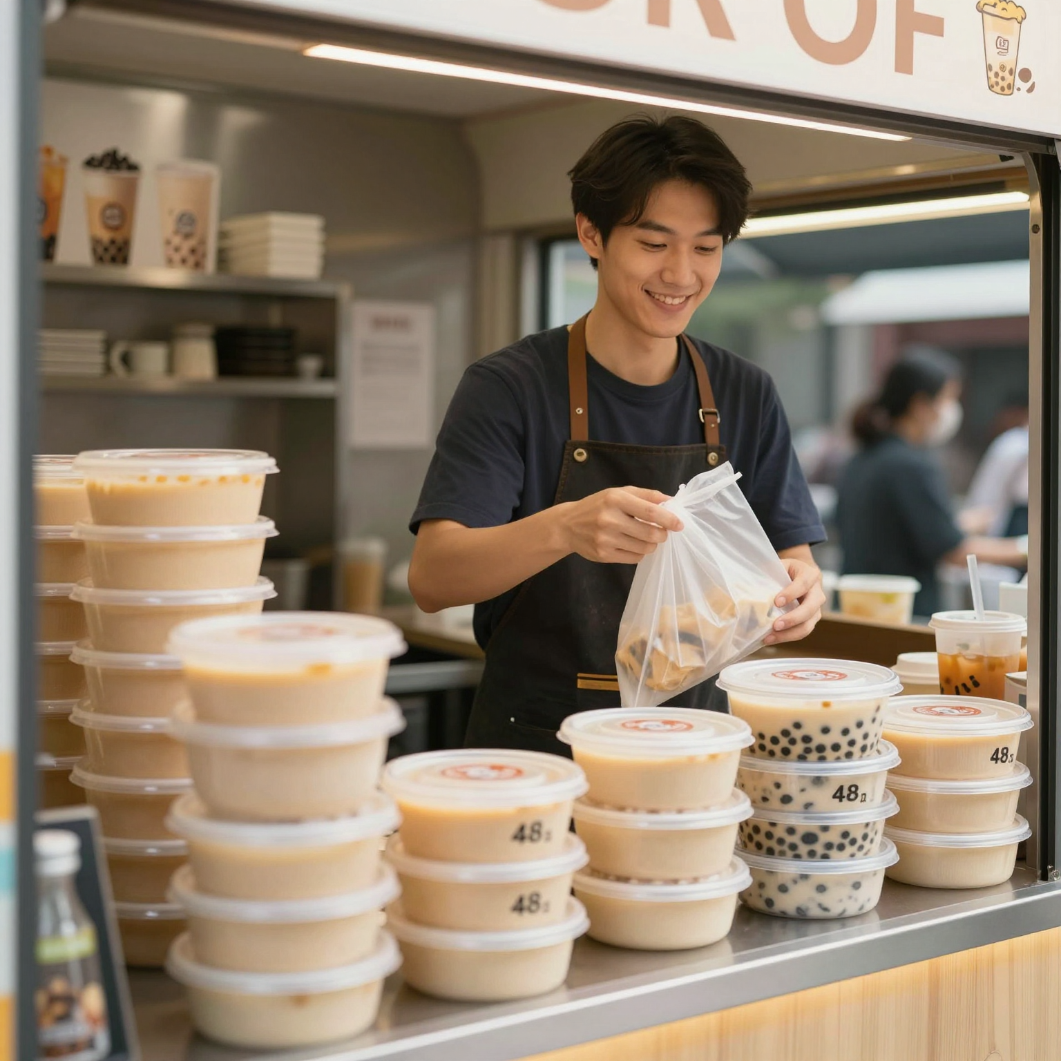 A busy restaurant counter with large 48 oz disposable food containers being prepared for family-sized takeout orders