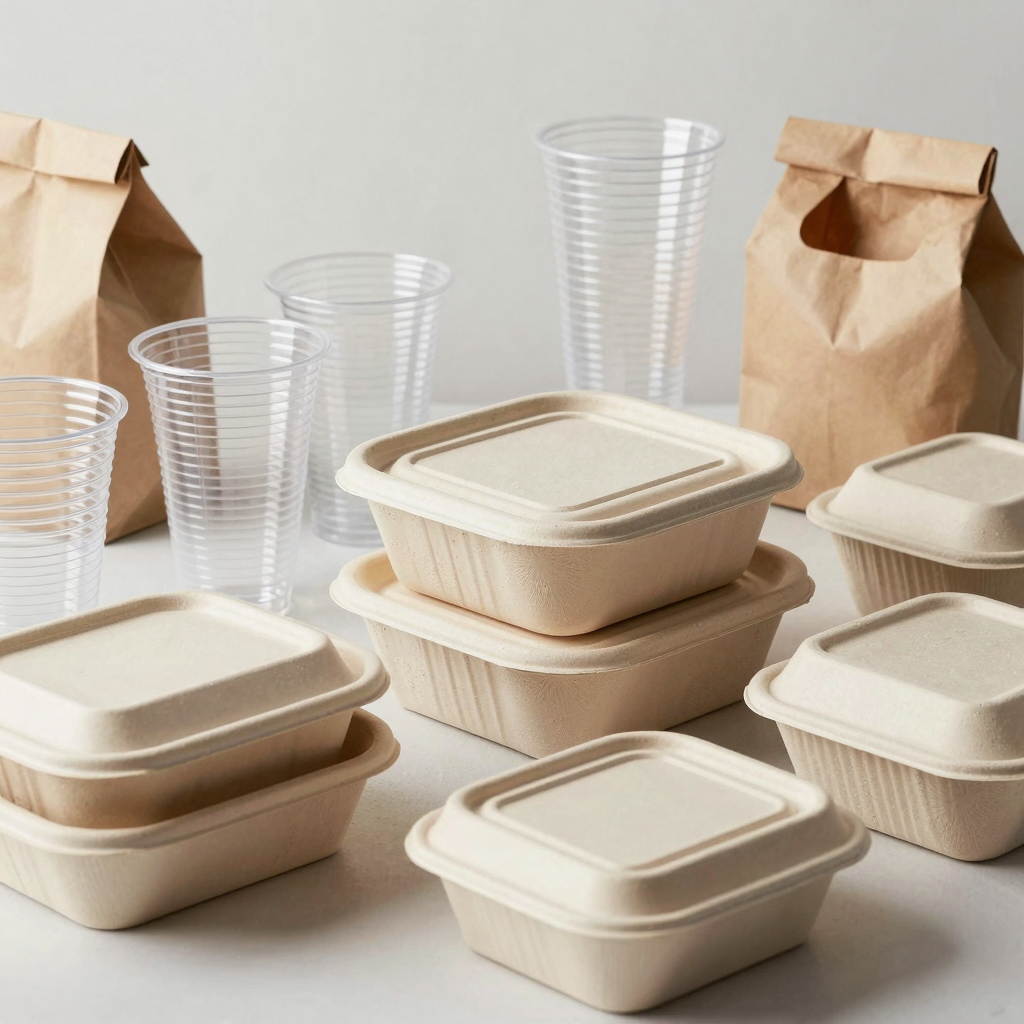 Variety of disposable tableware including clear plastic cups and biodegradable containers