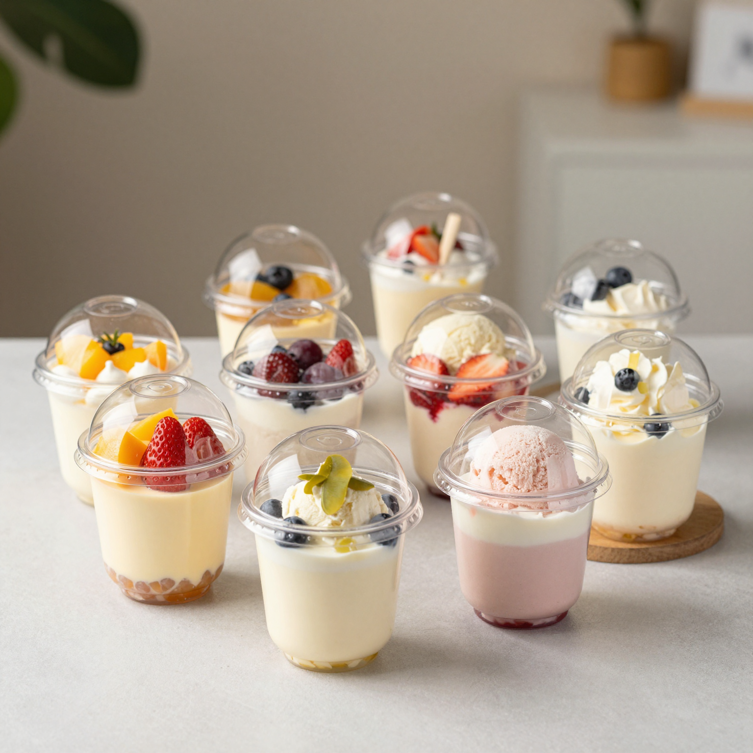 Colorful desserts served in 9 oz clear plastic cups with dome lids