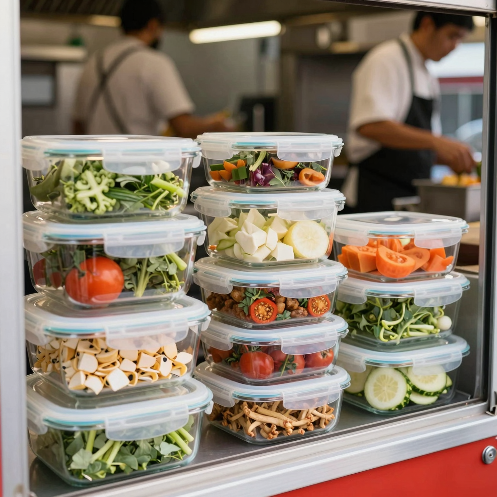 Vibrant image of various glass food containers in a busy restaurant setting