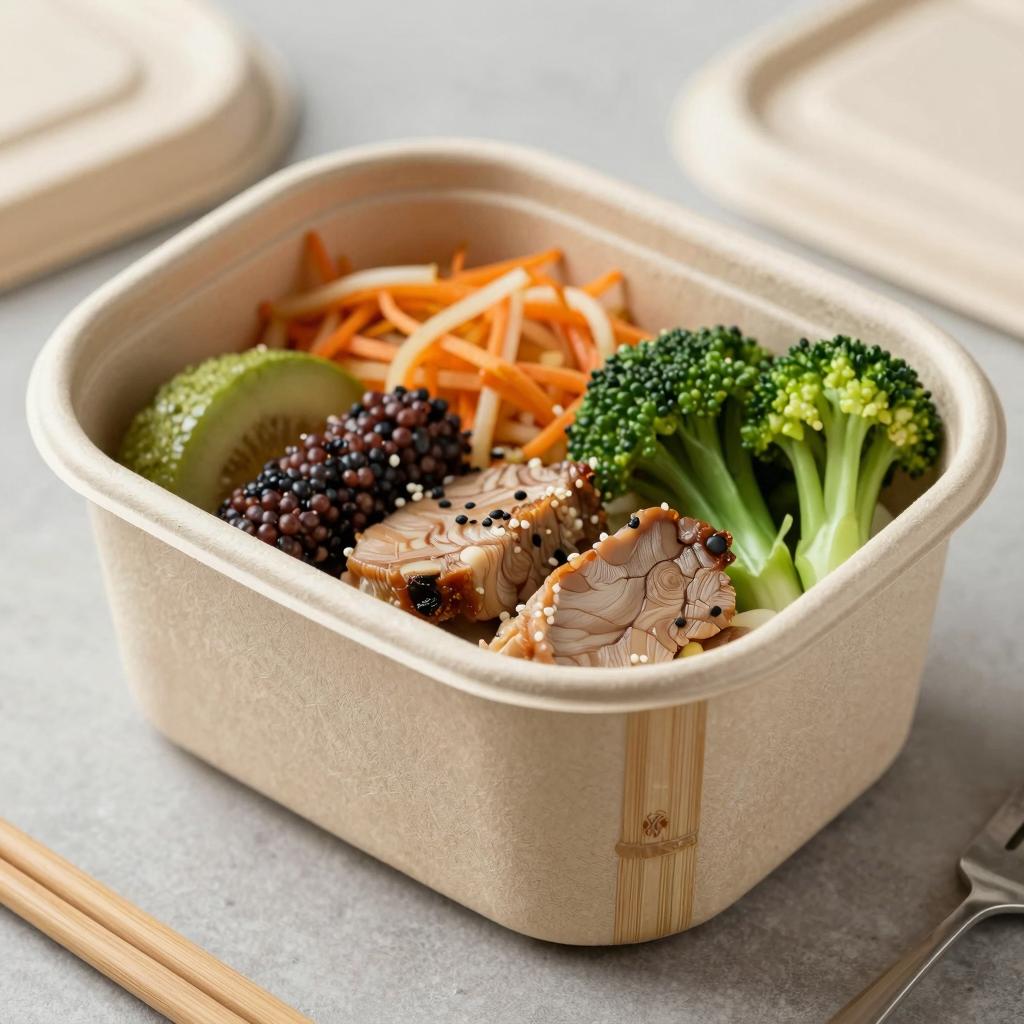 An eco-friendly food container made from bamboo and bagasse