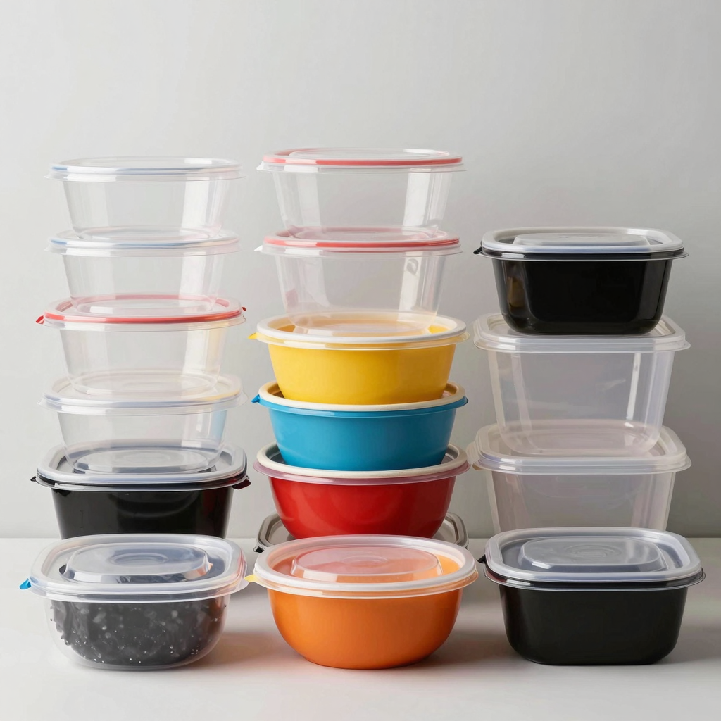 A variety of commercial plastic food containers
