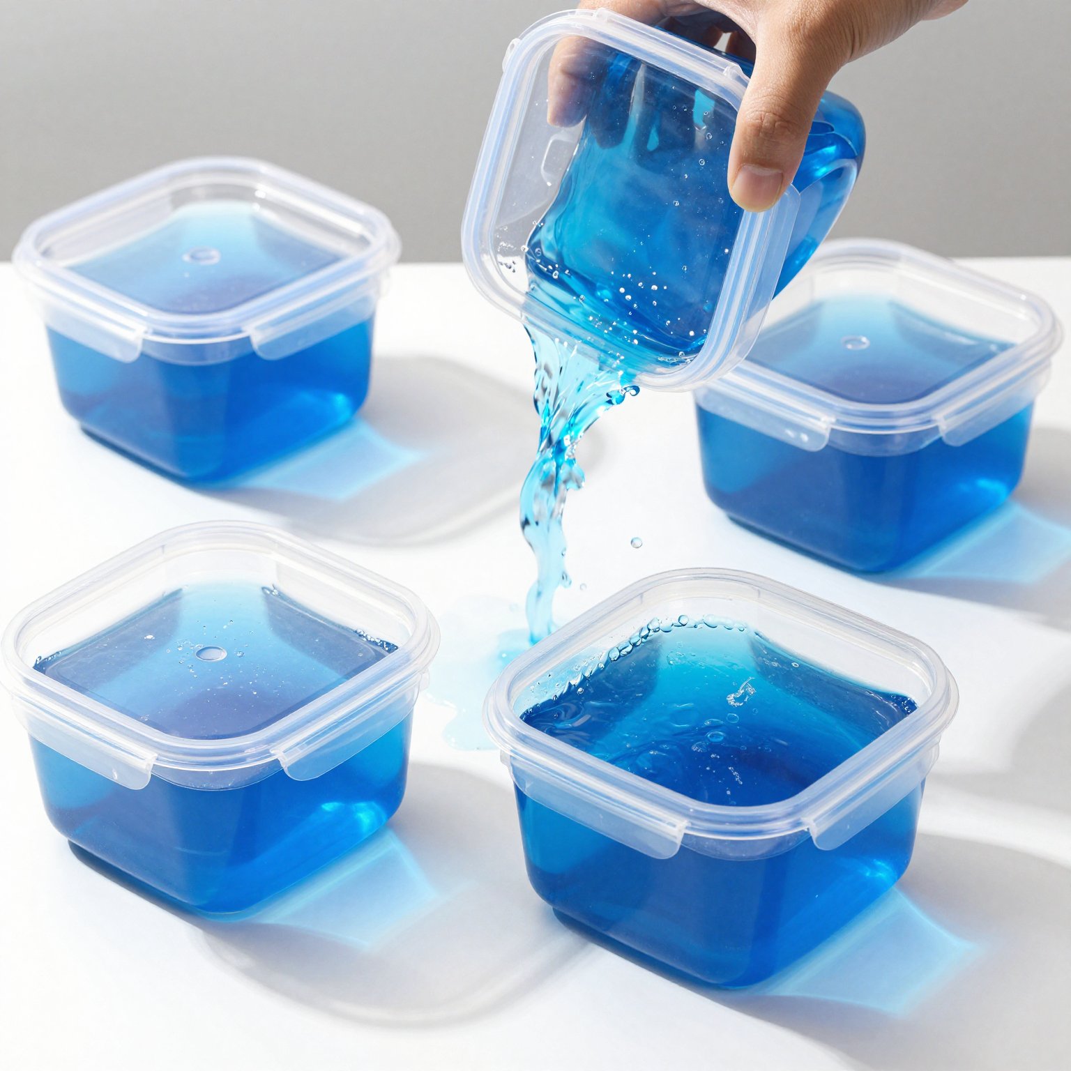 Blue-dyed water containers undergoing leak-proof testing