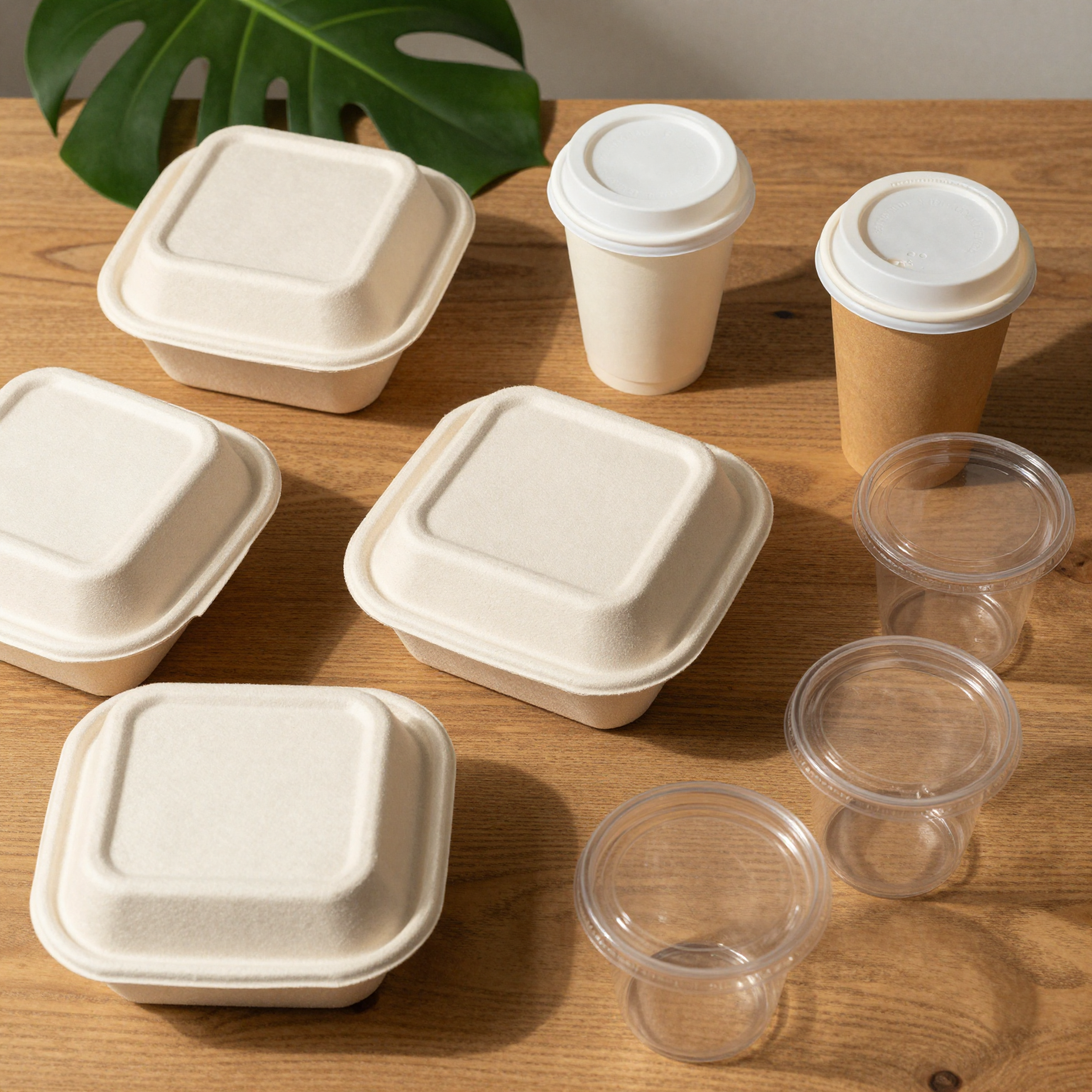 An assortment of eco-friendly disposable food containers, Kraft paper boxes, clear cups with lids, and compostable packaging arranged on a wooden table