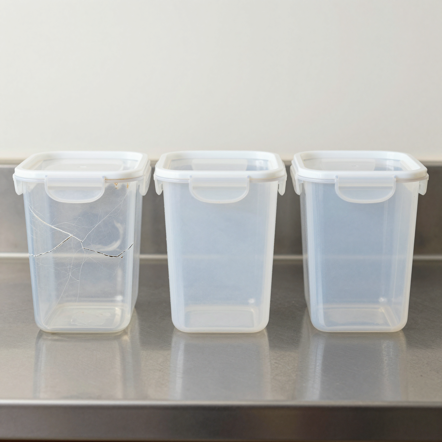 Post-dishwasher container comparison: warped (left), pristine (center), minor wear (right)
