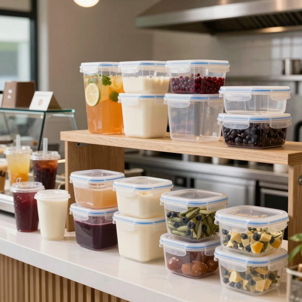 Commercial-grade plastic food storage containers arranged in a professional kitchen setting, ideal for bubble tea shops, restaurants, and catering businesses