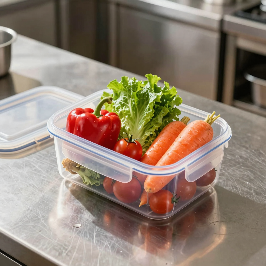 Top-rated Cook's Illustrated plastic food storage container filled with fresh vegetables in a commercial kitchen setting