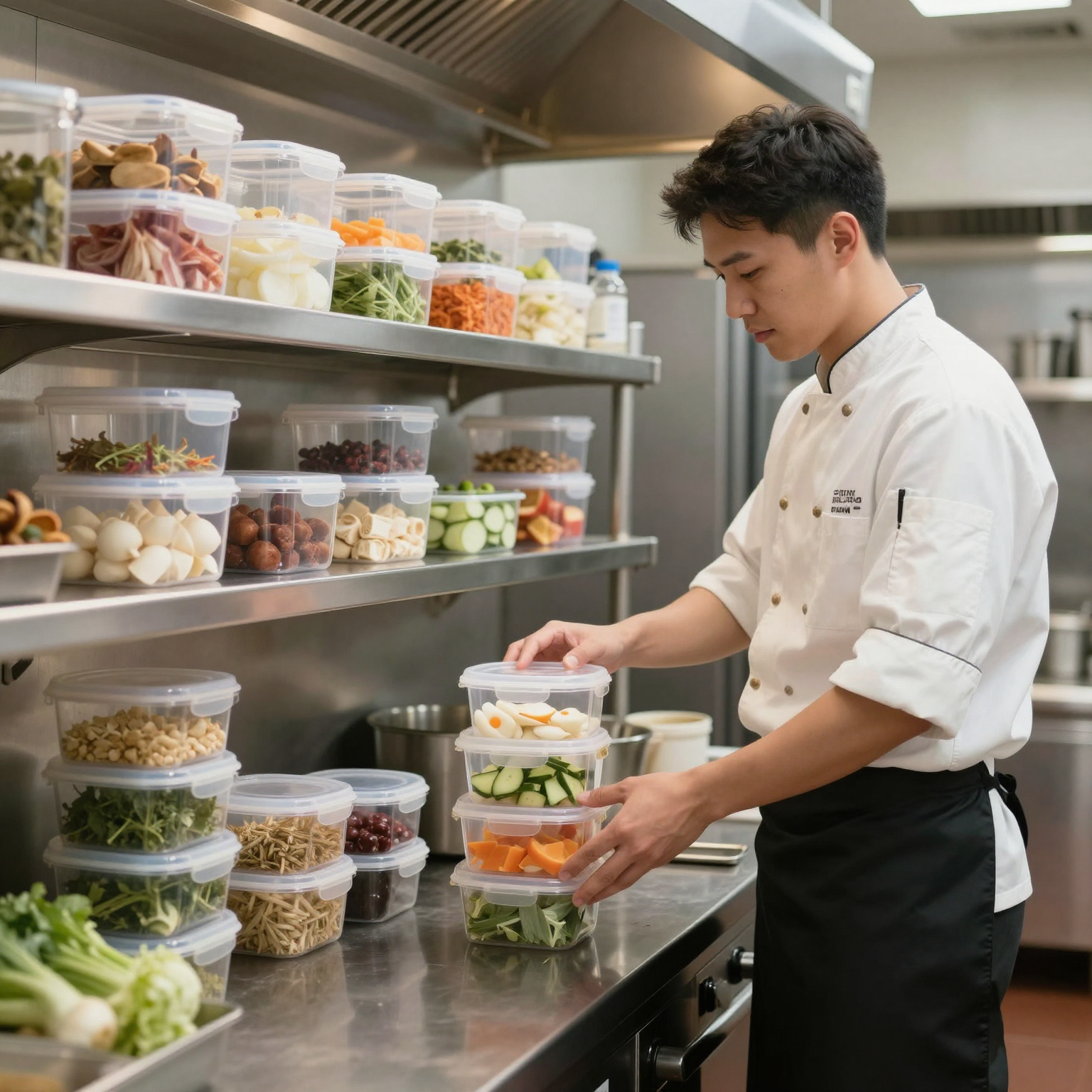 Professional commercial kitchen organized with clear stackable food storage containers on stainless steel shelves