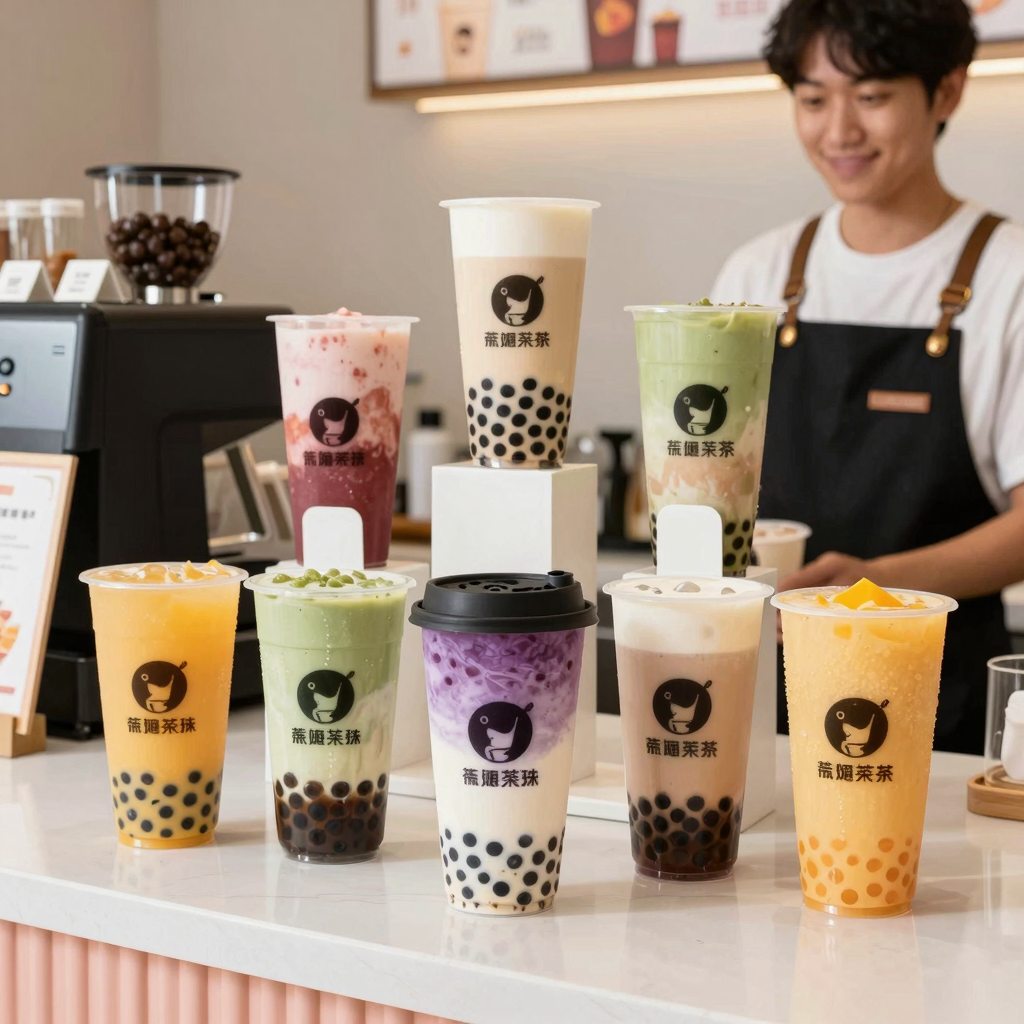 Various styles of custom paper cup holders in a bubble tea shop
