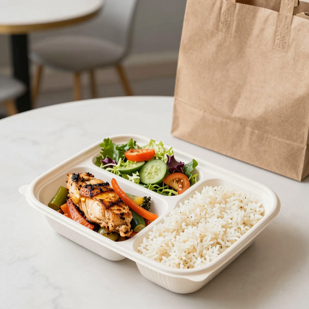 3-compartment takeout box with separated meal portions of chicken, rice, and salad