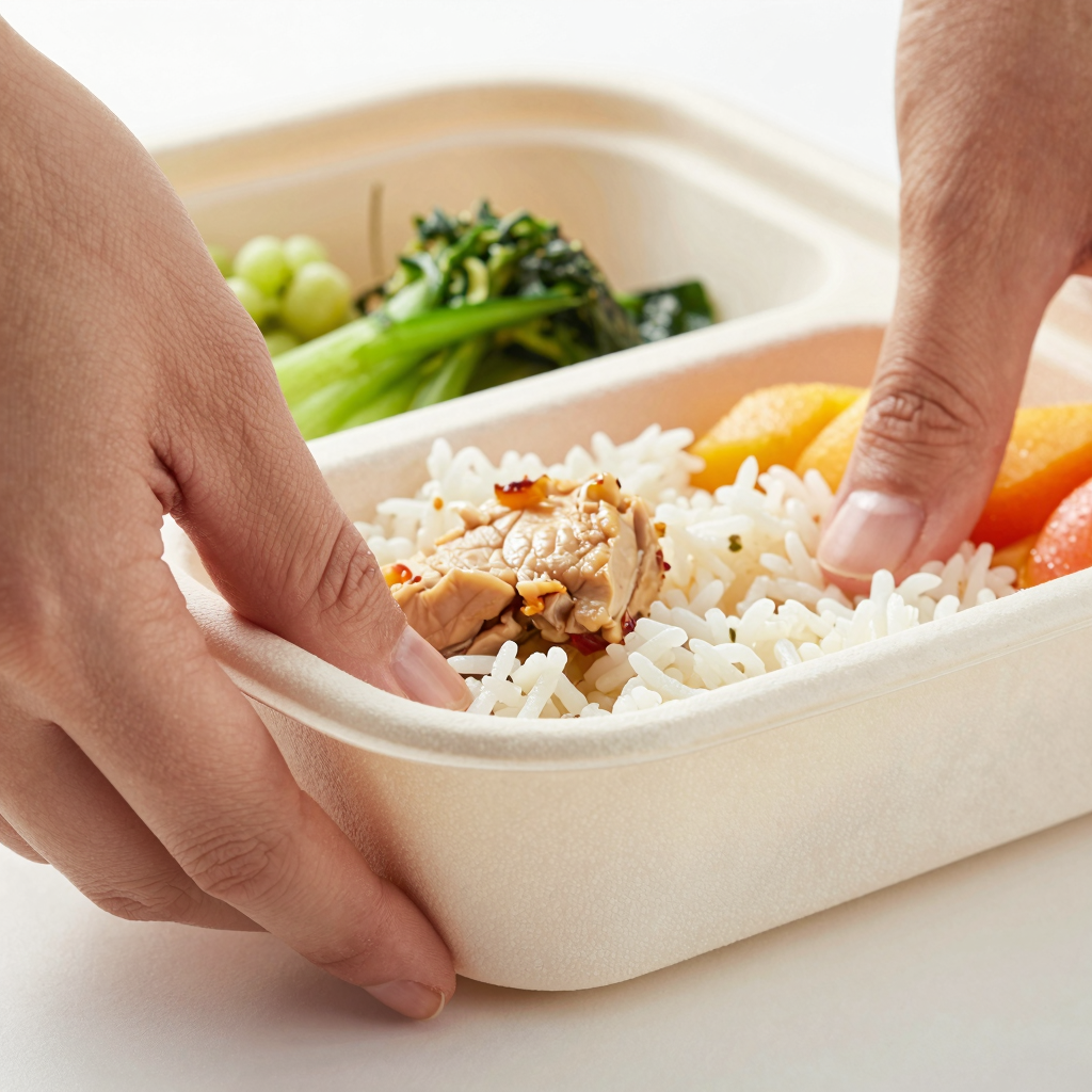 Close-up of a sturdy 3-division takeaway food box being gently pressed, showing compartment dividers and real food items including a main dish, side salad, and dessert