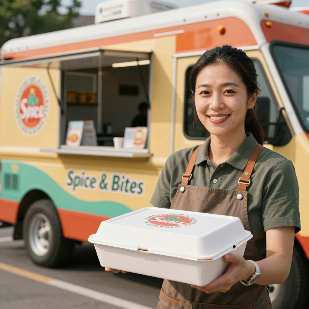 Maria Chen, Owner of Spice & Bites Food Truck, holding a branded 3-division takeaway box