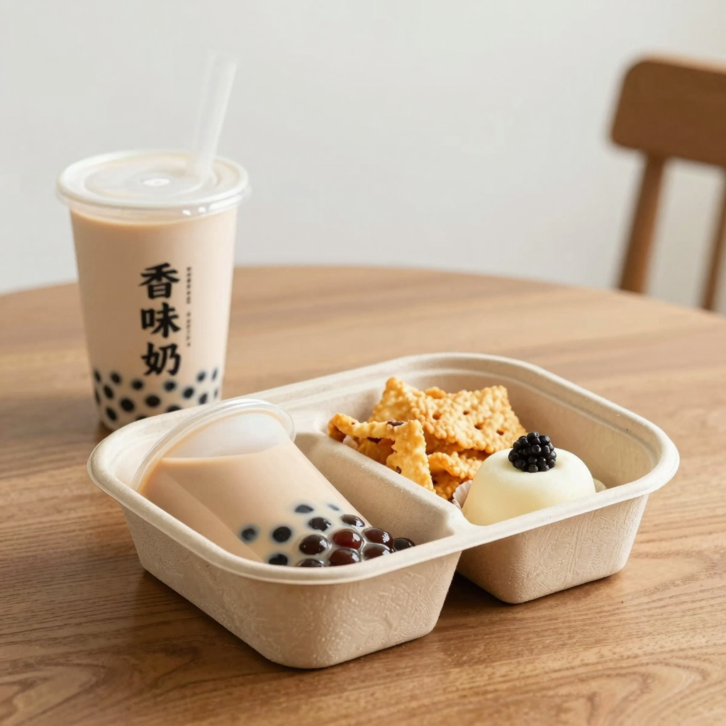 customized 3-compartment takeaway food box with bubble tea and snacks