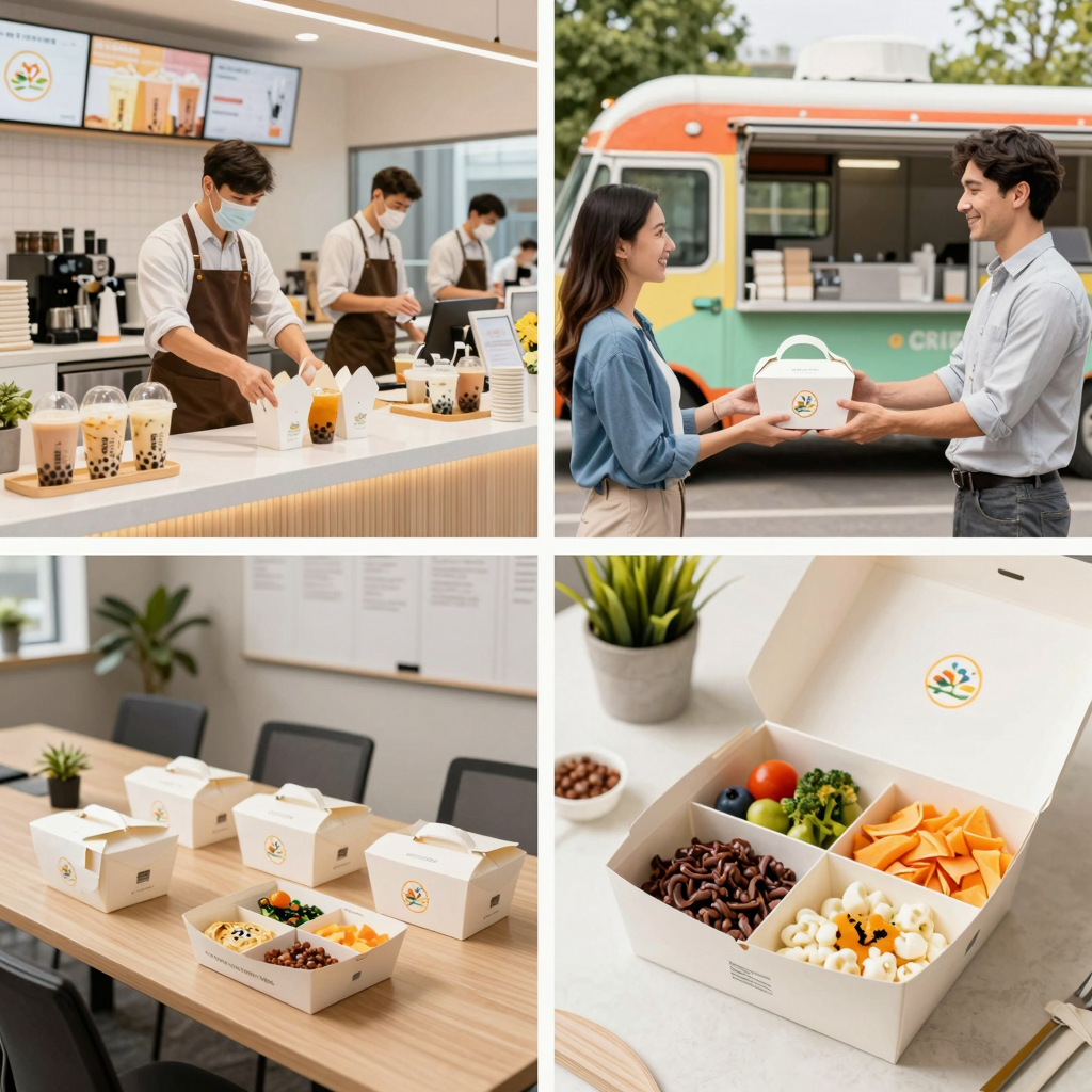 Versatile Use Cases: 4-Panel Collage of Customized Large 3-Division Takeaway Food Box