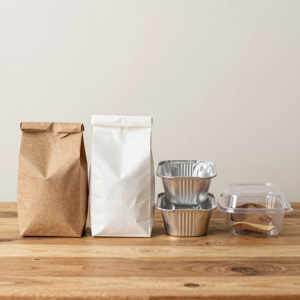 Four material options for 3-compartment takeaway boxes: Kraft Paper, Bagasse, Aluminum Foil, and PET Plastic