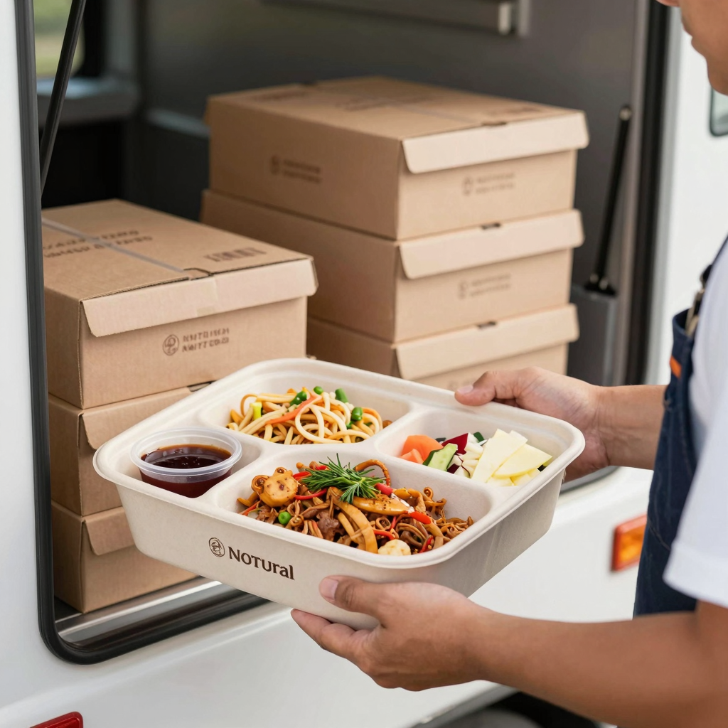 Customized 3-division takeaway food box held by a food service worker, with stacked wholesale boxes in the background