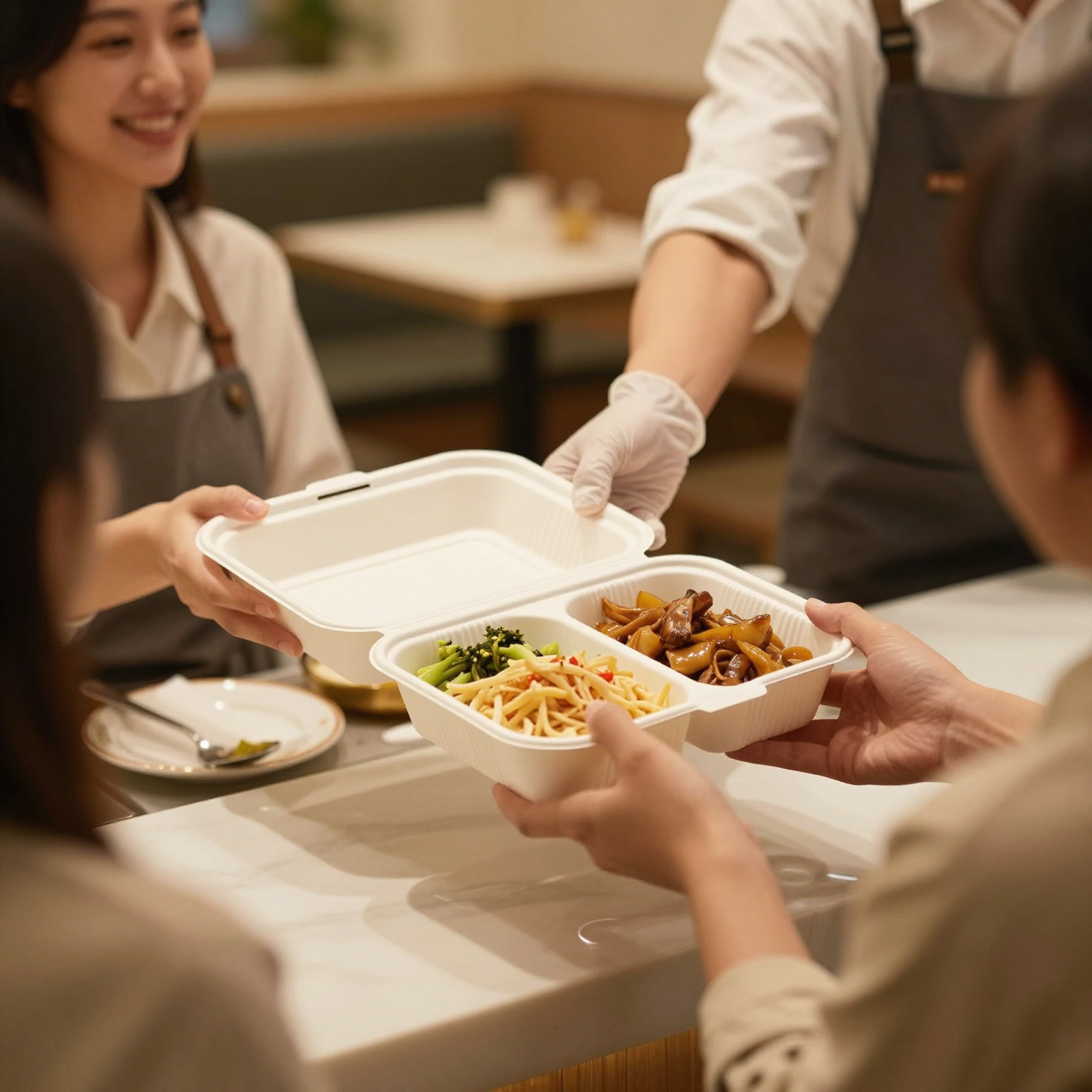 A restaurant server hands a large 3-compartment takeaway food box to a smiling customer in a modern, warmly lit setting, conveying reliability, portion control, and professional service.