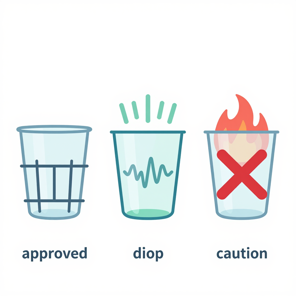 Clear Plastic Cup Handling Guide showing dishwasher safe top-rack placement, microwave safe medium power, and no direct flame warning