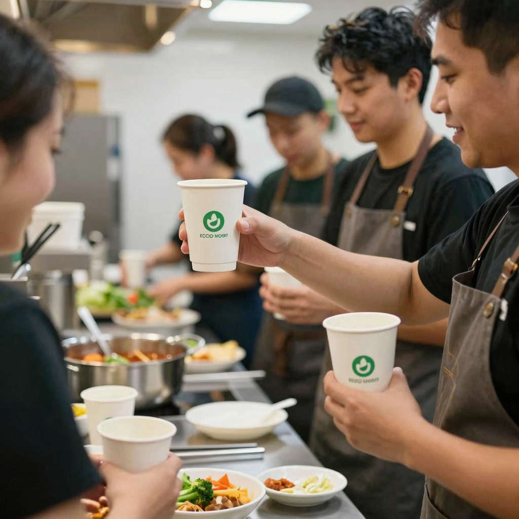 Image of restaurant staff using eco-friendly disposable soup cups
