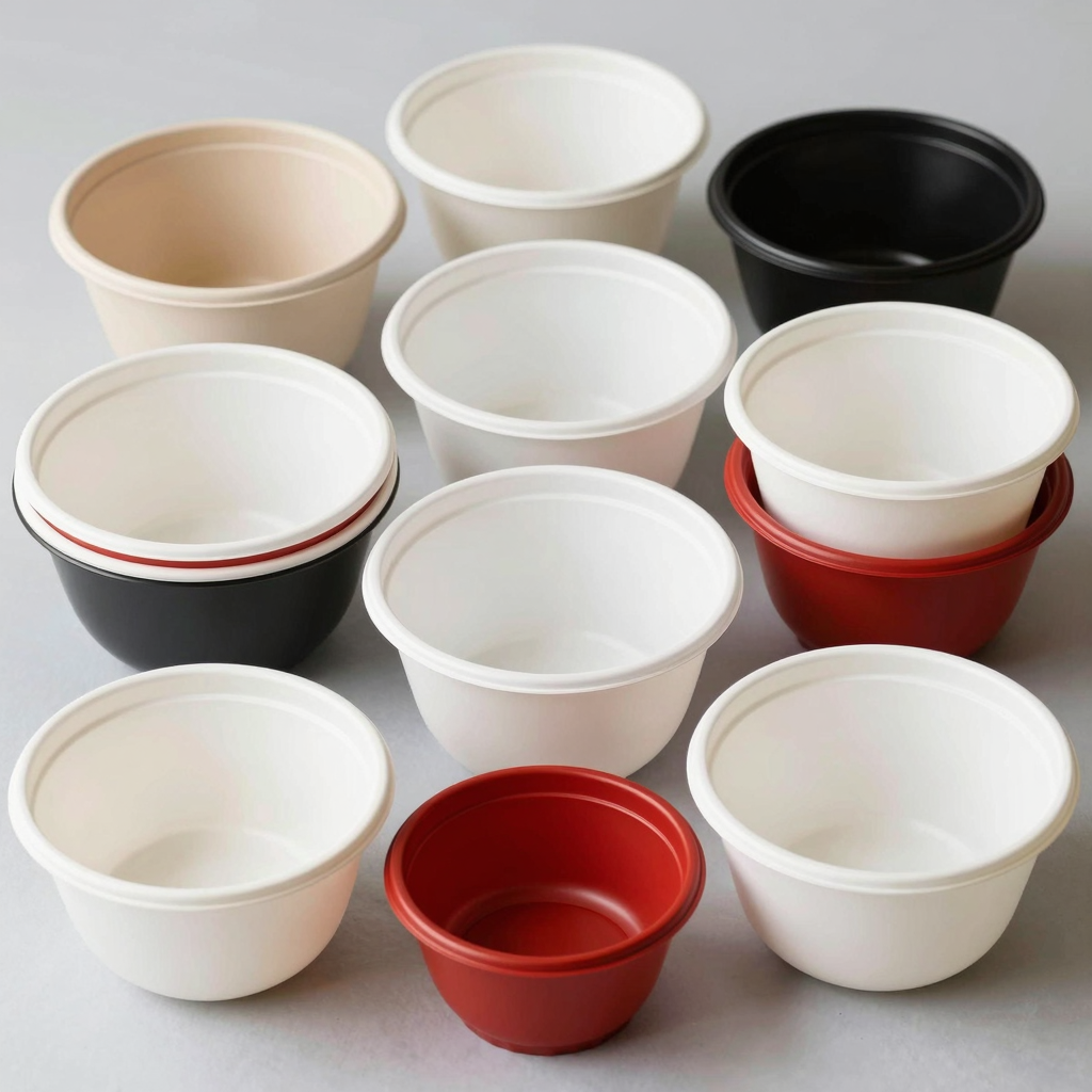 A variety of disposable plastic bowls showcasing different shapes, sizes, and colors.