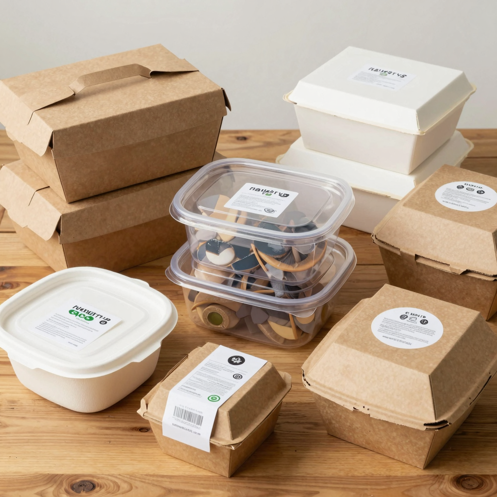 An assortment of disposable food packaging boxes in various sizes and styles on a wooden table.