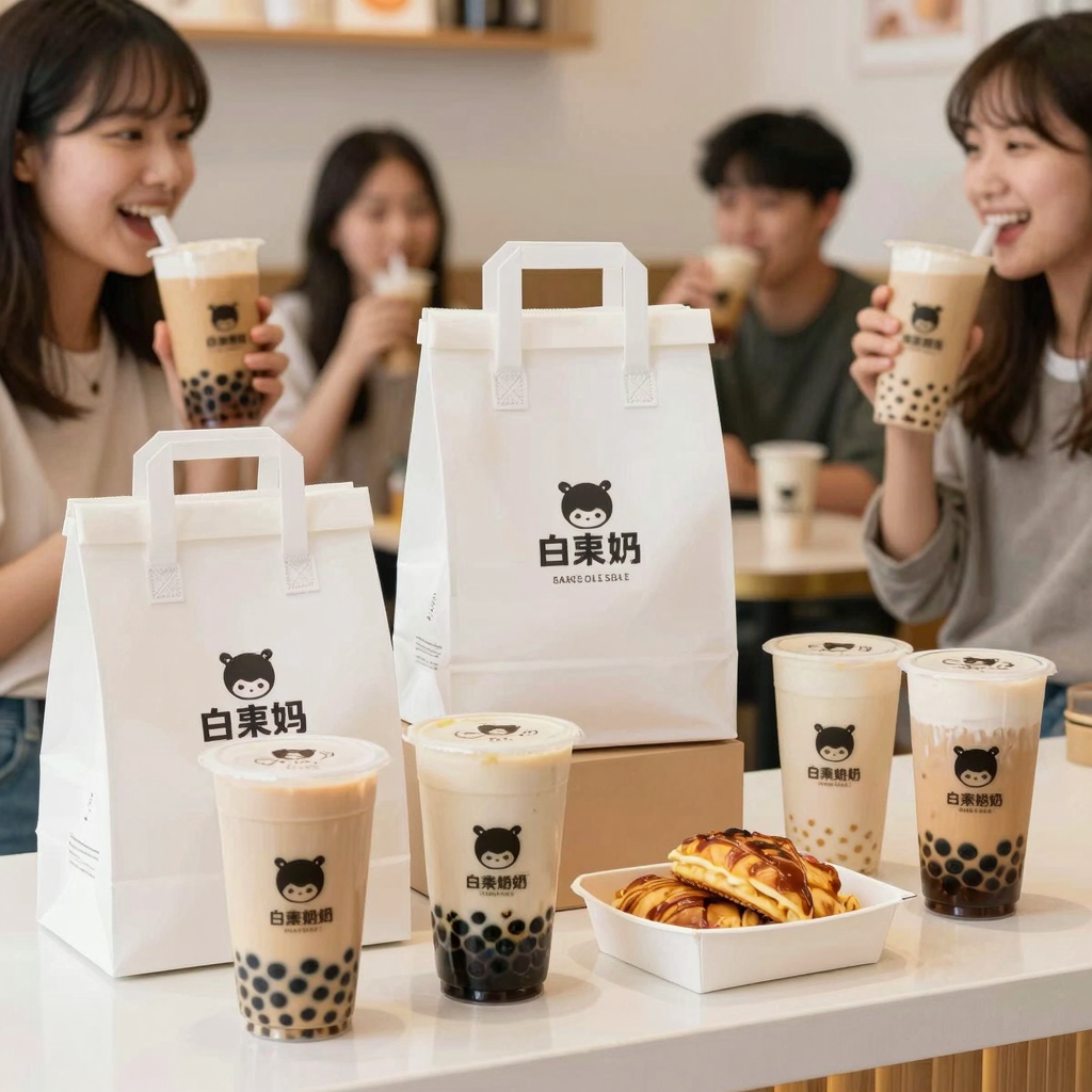 Bubble tea shop with disposable box packaging