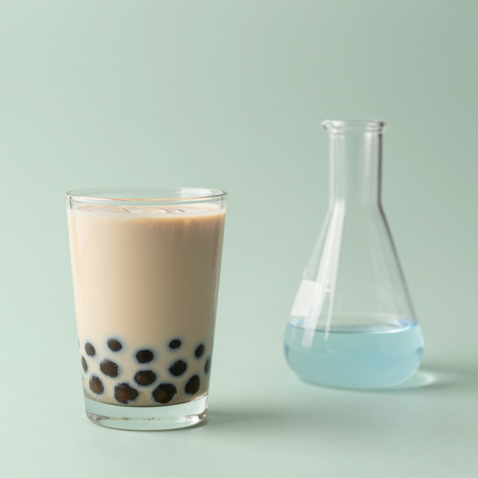 Bubble tea next to a laboratory flask, representing investigation into food additives