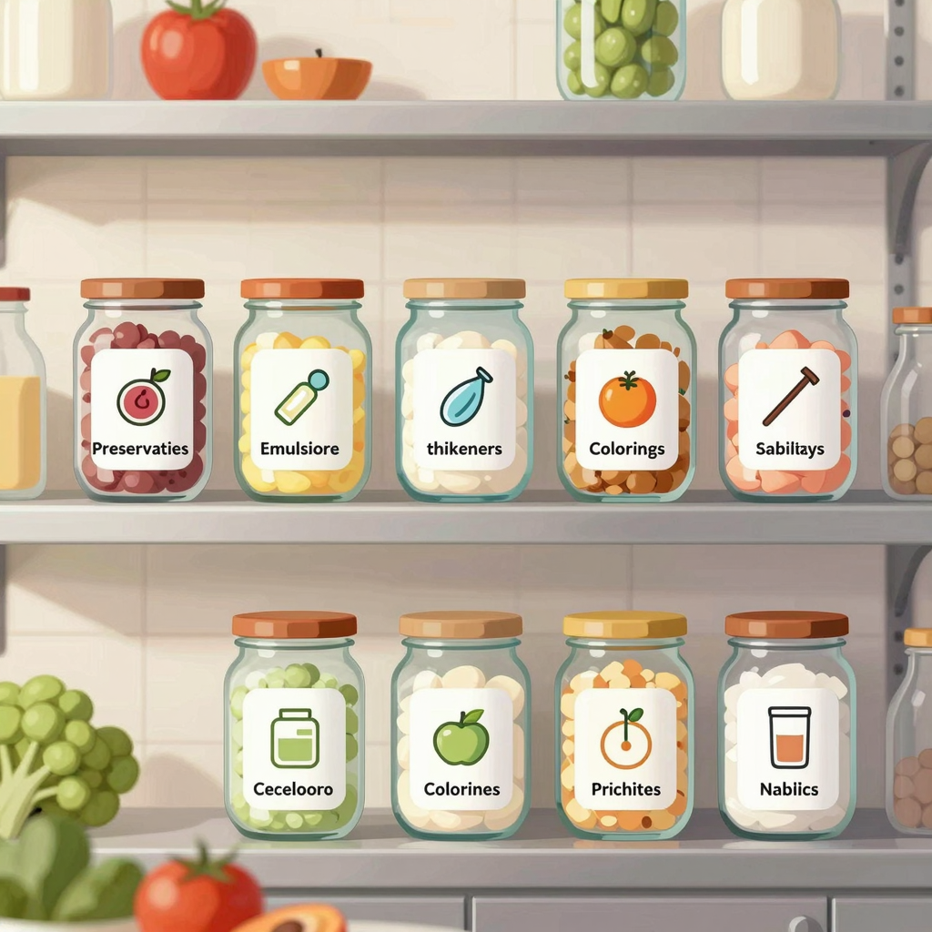 Common food additive categories displayed in a commercial kitchen setting
