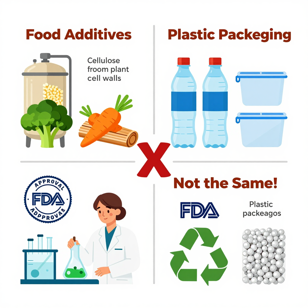 Comparison infographic showing food additives vs plastic packaging with natural sources and chemical differences