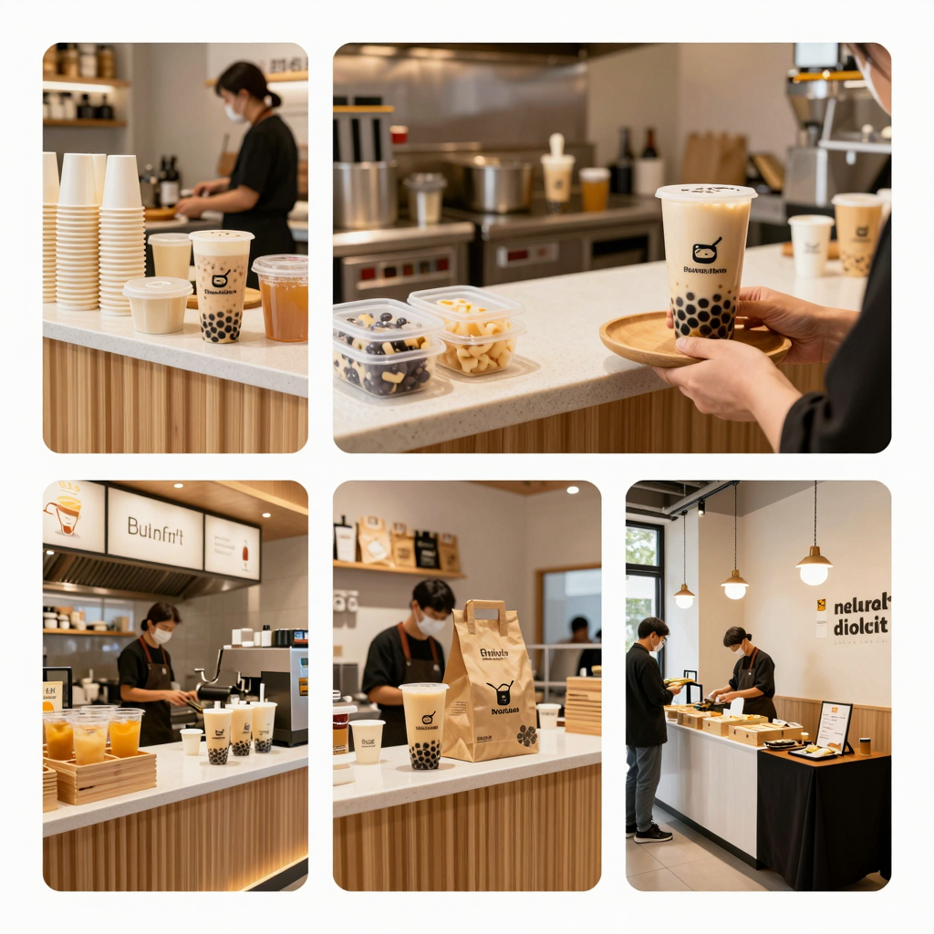 Food safety from preparation to packaging: bubble tea shop, restaurant kitchen, and catering setup with safe disposable packaging