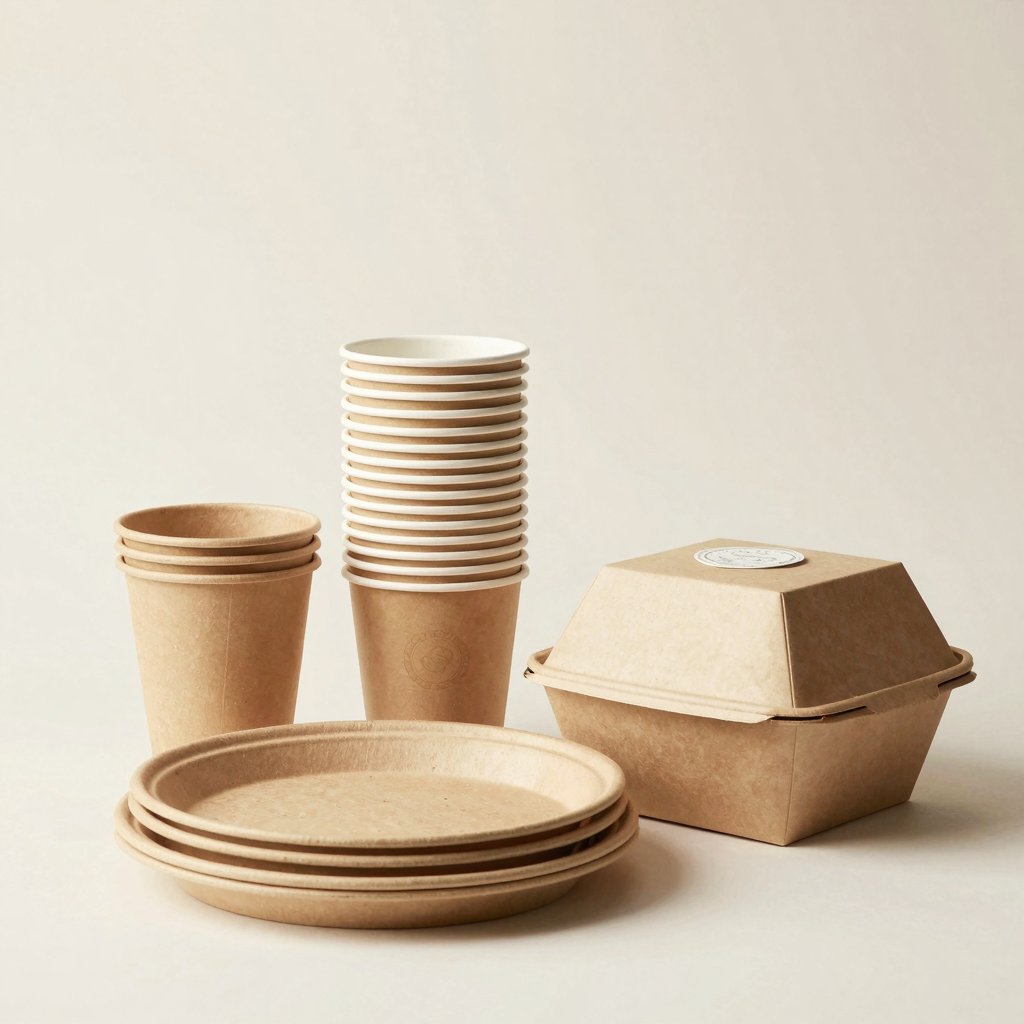 A clean, warm-toned stack of eco-friendly disposable cups, plates, and takeout boxes with a subtle food-safe quality seal, no text, reinforcing trust and professional quality.