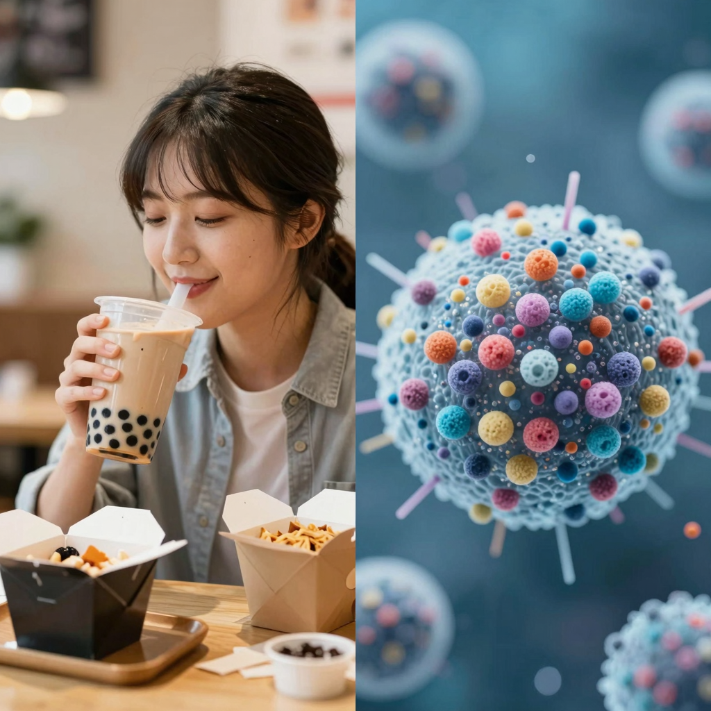 Microscopic view of microplastics in food alongside a person enjoying bubble tea and takeout, illustrating the hidden question of plastic in food additives