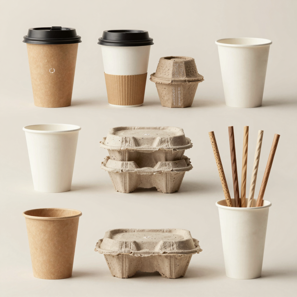 Examples of eco-friendly food packaging including cups, containers, and straws