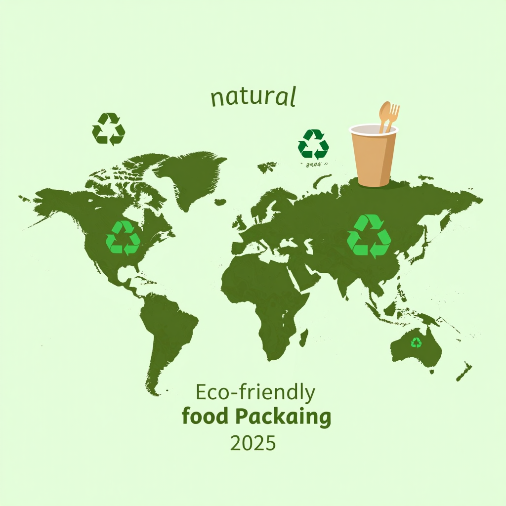 Global eco-friendly packaging regulations map showing recycling symbols and sustainable packaging items
