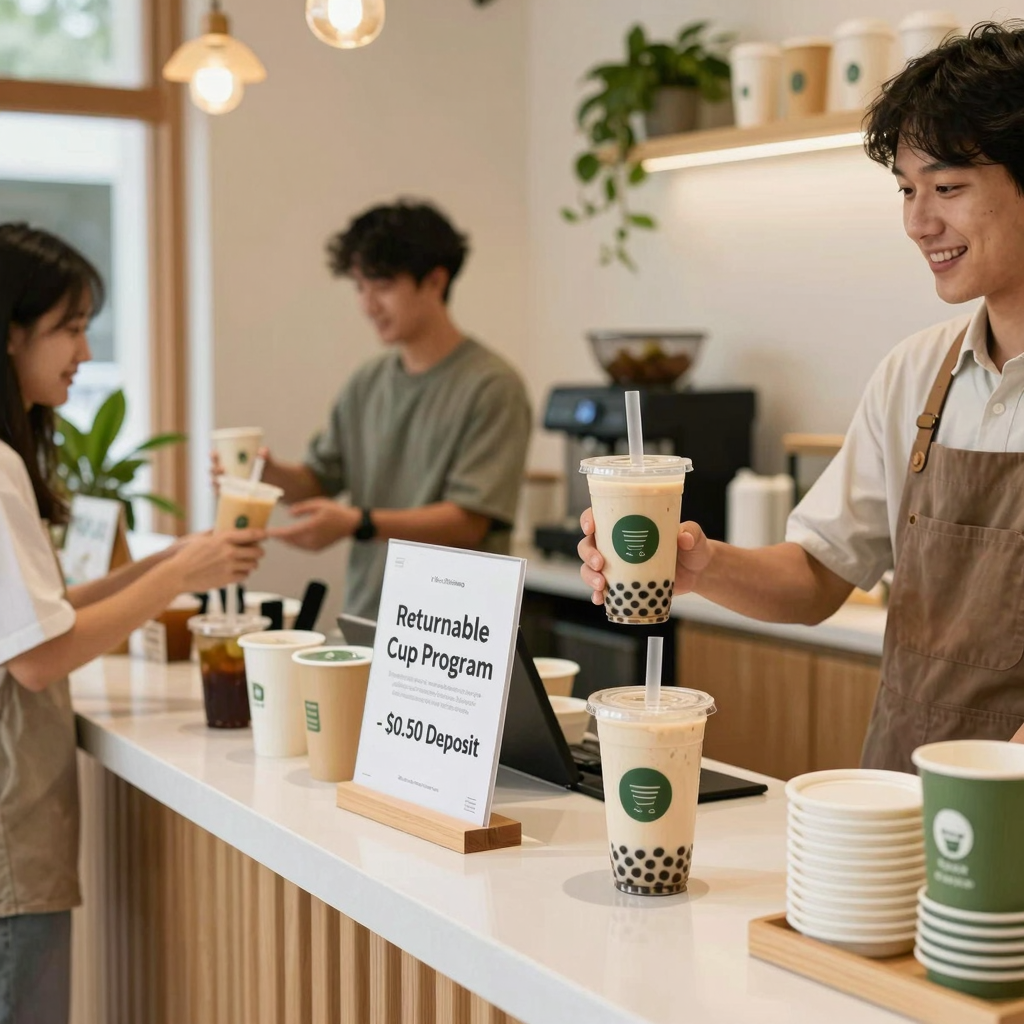 Returnable cup program in a modern bubble tea shop with deposit signage and customers returning cups