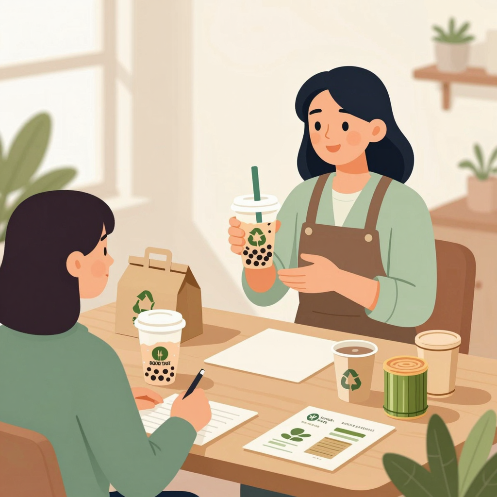 Business owners discussing eco-friendly packaging with a supplier