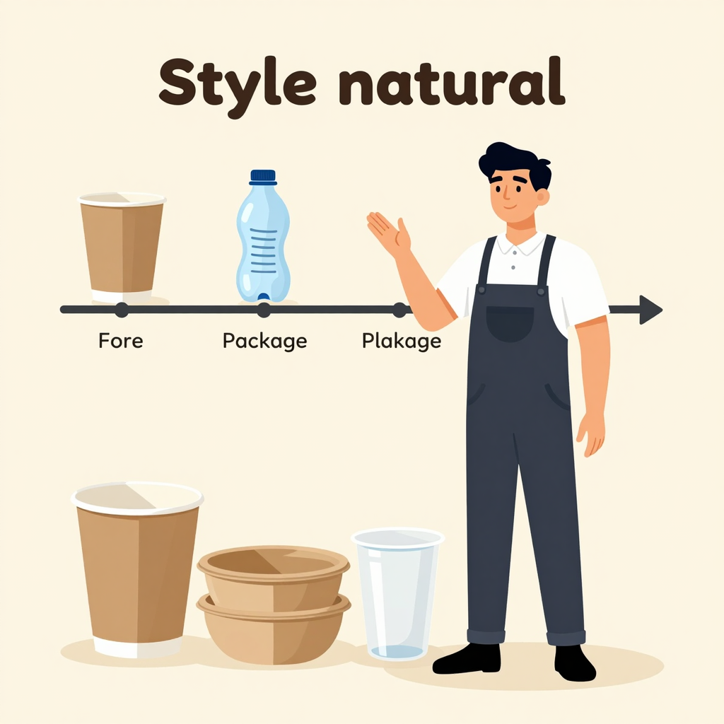 Eco-friendly packaging transition guide showing a business owner with sustainable cups and bowls