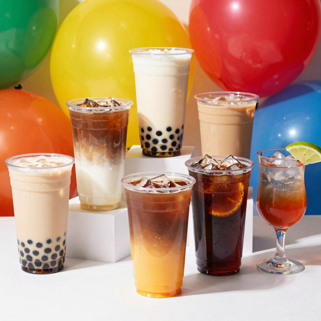 A variety of extra large clear plastic cups displayed creatively, filled with different beverages against a vibrant party background.