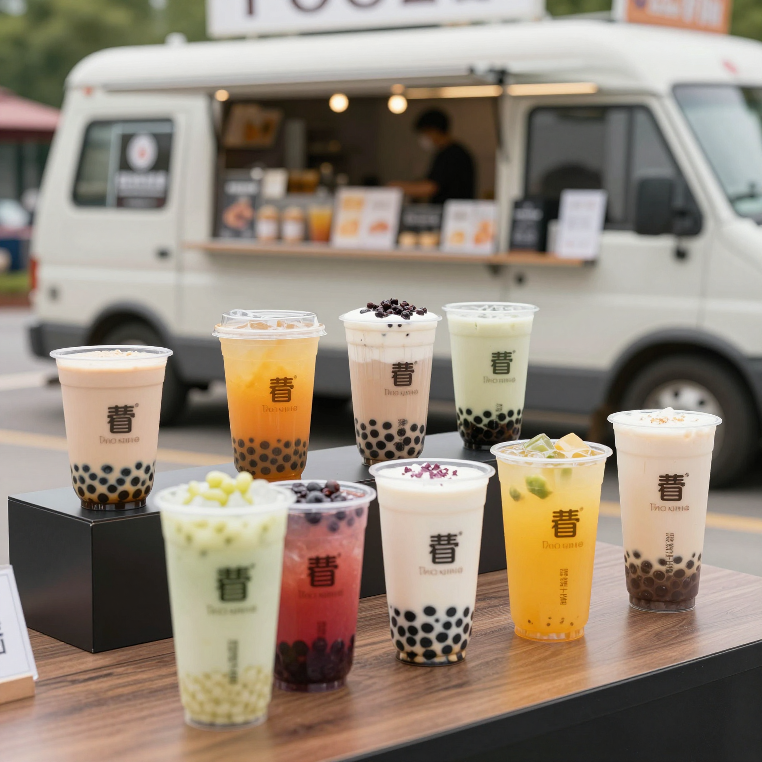 Clear plastic cups showcasing colorful drinks in a bubble tea shop