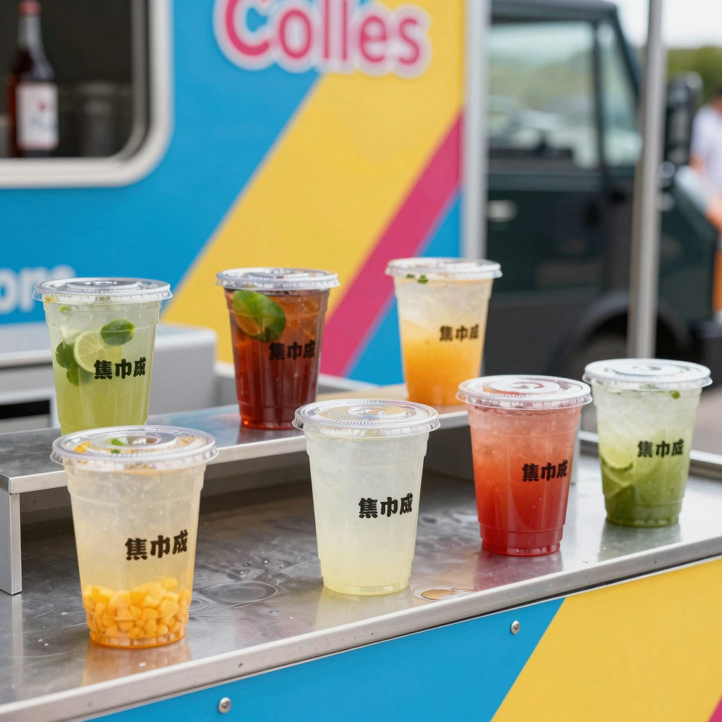 Clear plastic cups displayed at a vibrant food truck