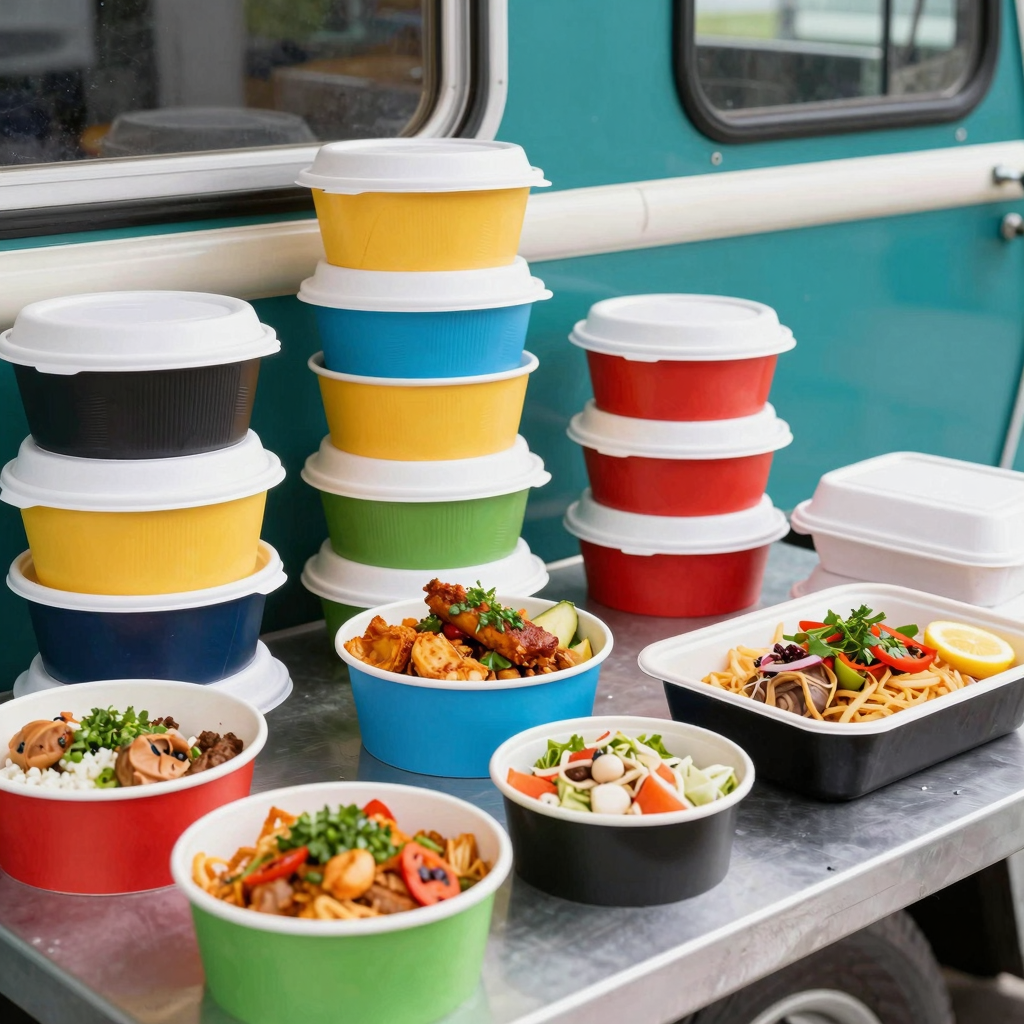Oven-safe disposable food containers being used in a food truck setting