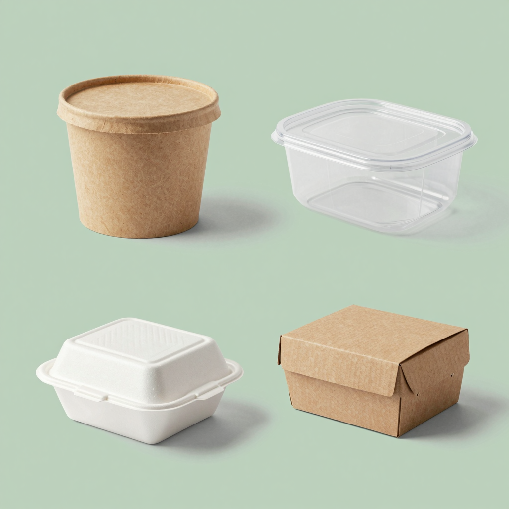Comparison of Paper Bucket, Plastic Container, Foam Container, and Cardboard Box packaging types