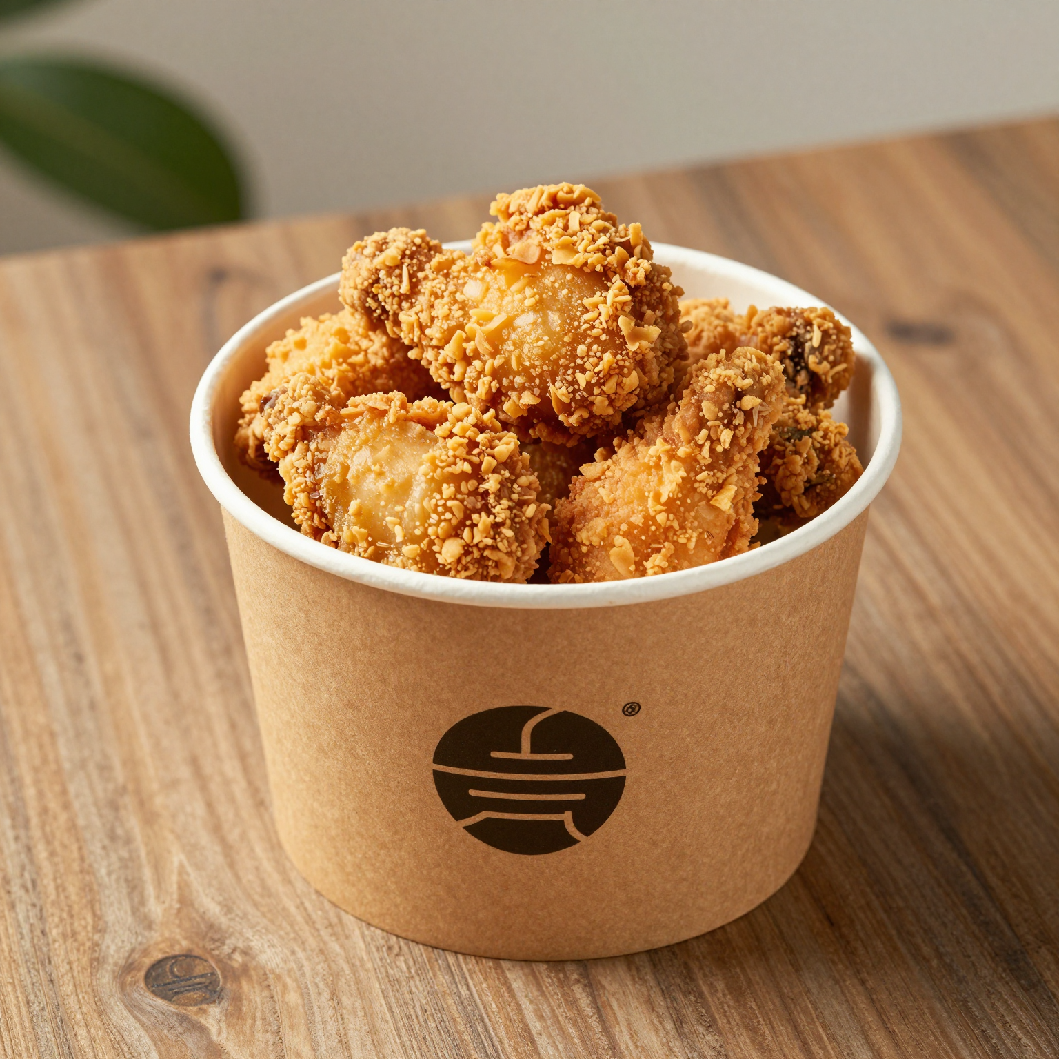 Crispy fried chicken in a custom-printed kraft paper bucket with brand logo