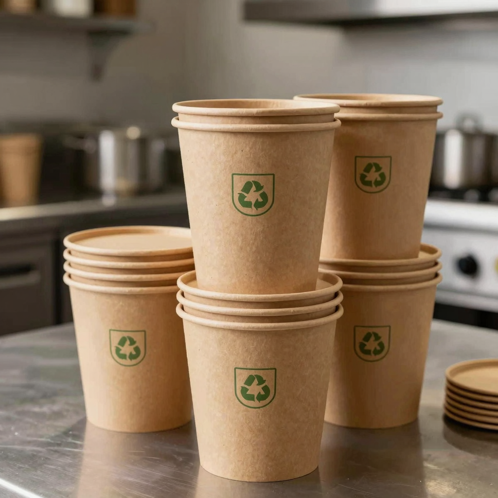 Eco-friendly paper buckets in a commercial kitchen setting