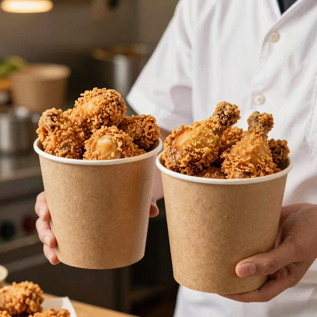 Golden Crisp paper buckets filled with fried chicken in a commercial kitchen setting