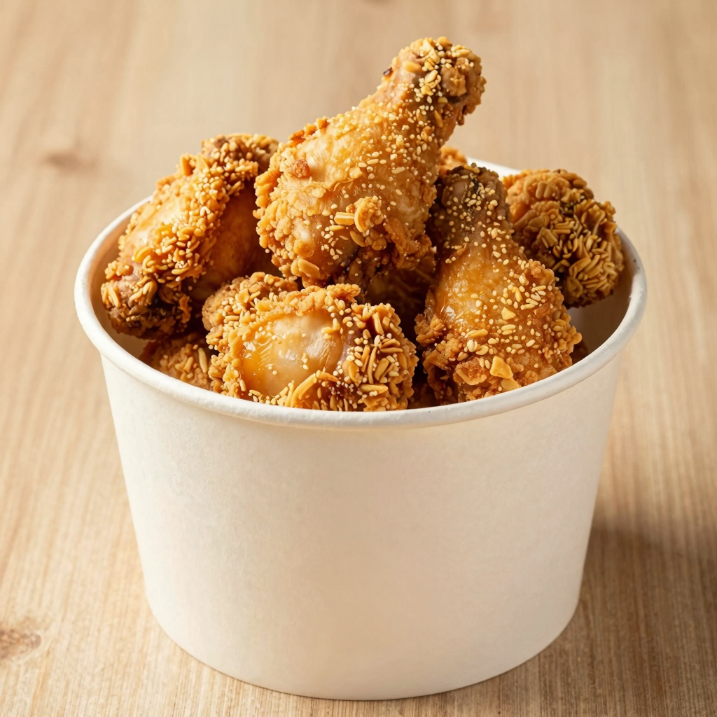 Golden fried chicken in a sturdy paper bucket on a wooden table