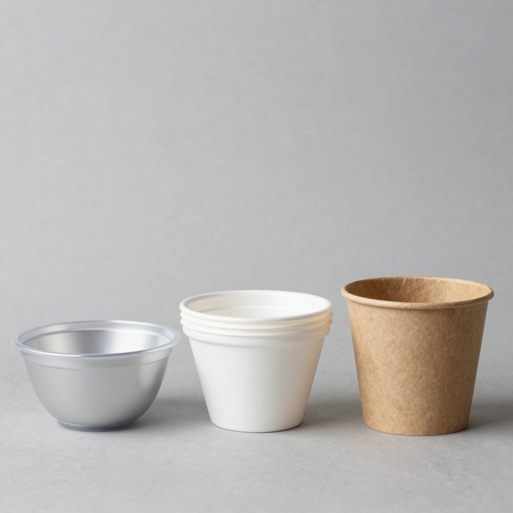 Three types of disposable bowls compared: plastic silver, foam, and paper compostable bowls