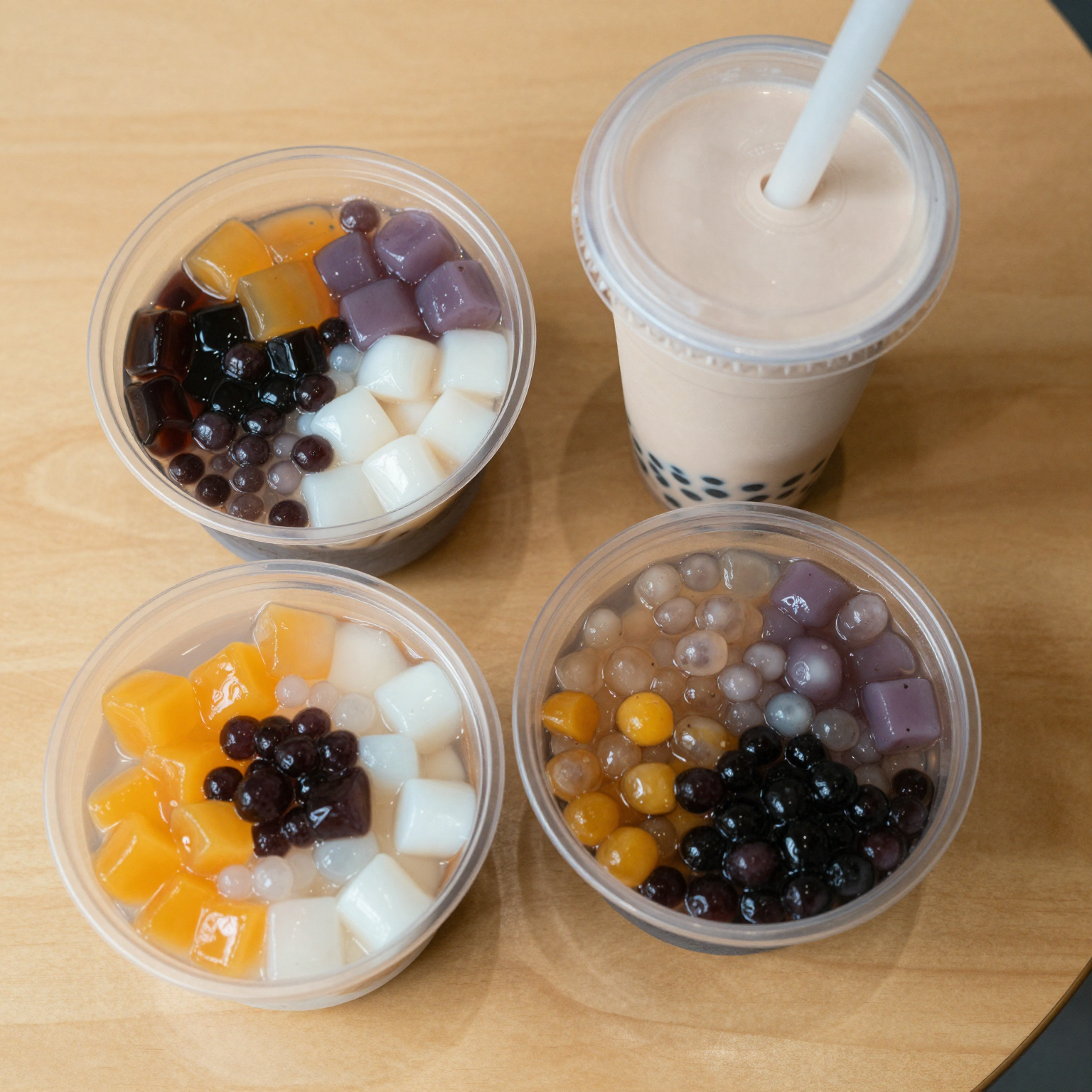 Aesthetic top-down photo of plastic disposable silver bowls with colorful bubble tea toppings and a bubble tea cup on a light wood table