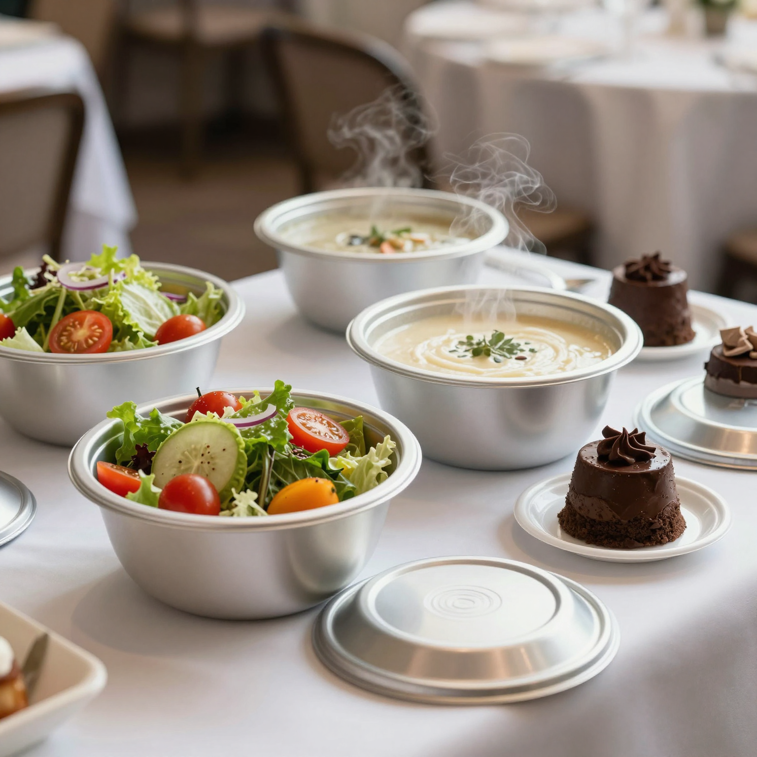 Elegant catering table setup with silver disposable bowls holding salad, soup, and dessert in a corporate luncheon setting